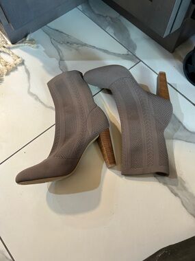 Charles By Charles David Taupe Knit Sock Ankle Boots with Stacked Heel